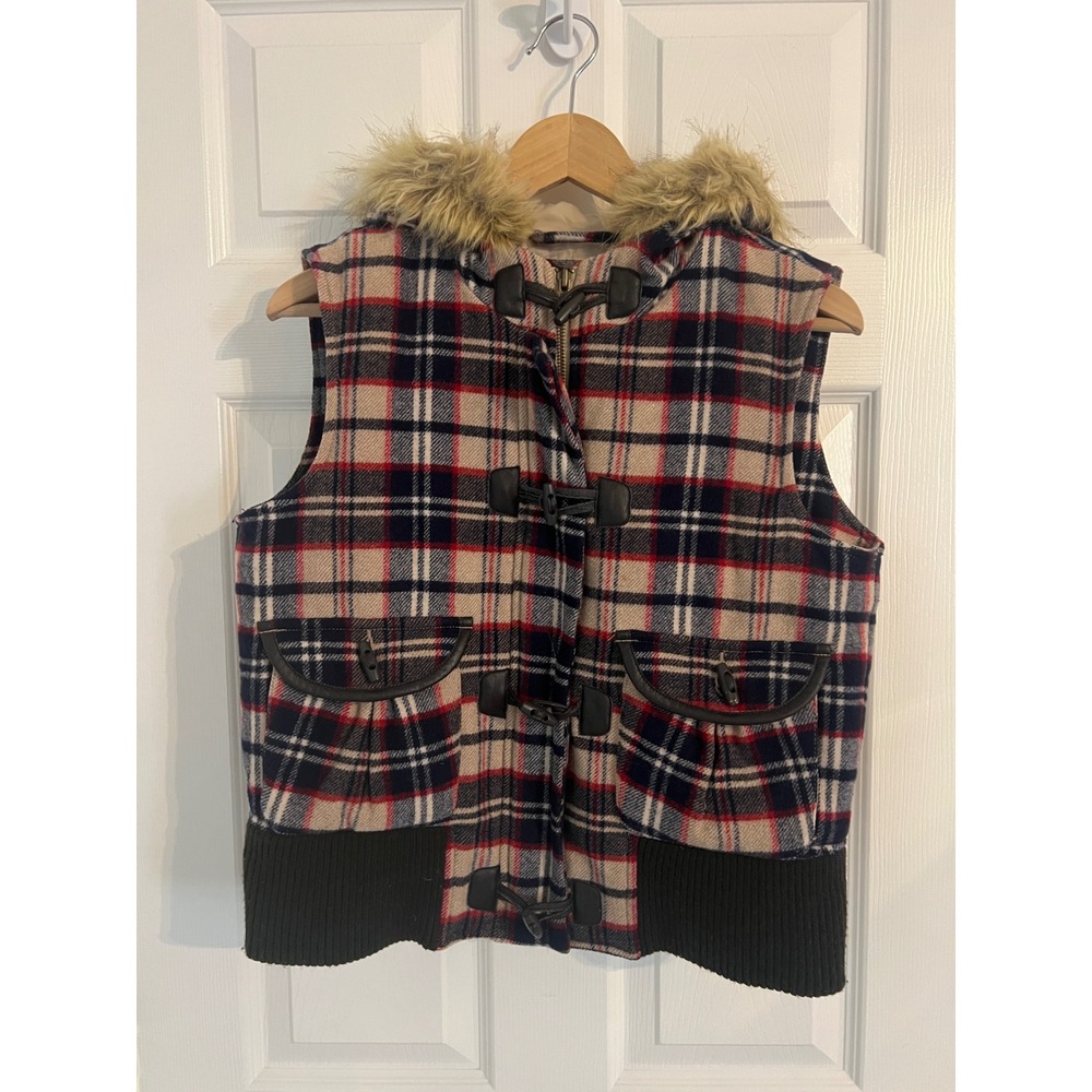 Old Navy Plaid Wool Blend Hooded Toggle Vest Faux Fur Trim